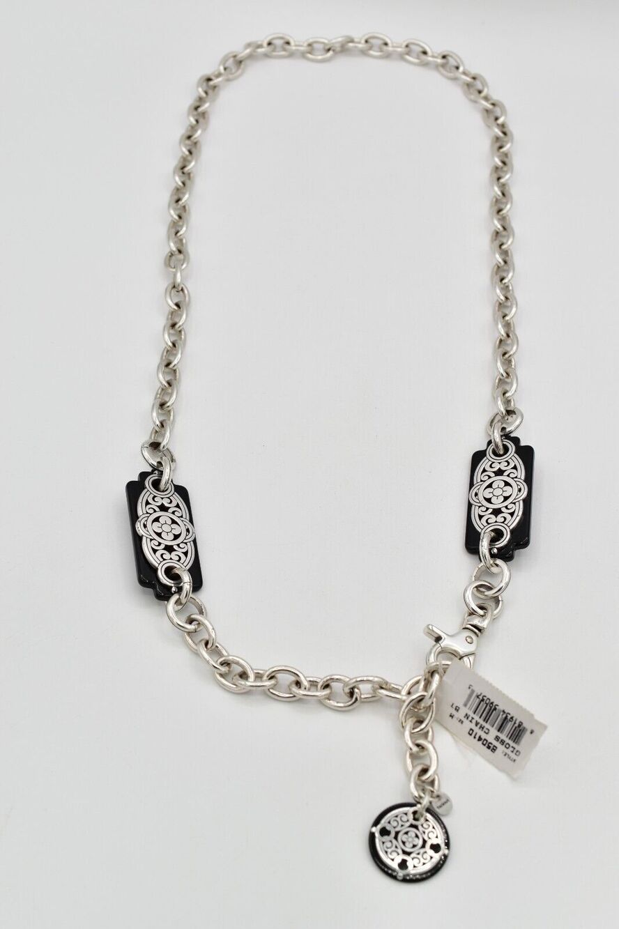 Brighton Gloss Chain Belt Black Silver Tone Floral Size Medium 33"-40" Retired